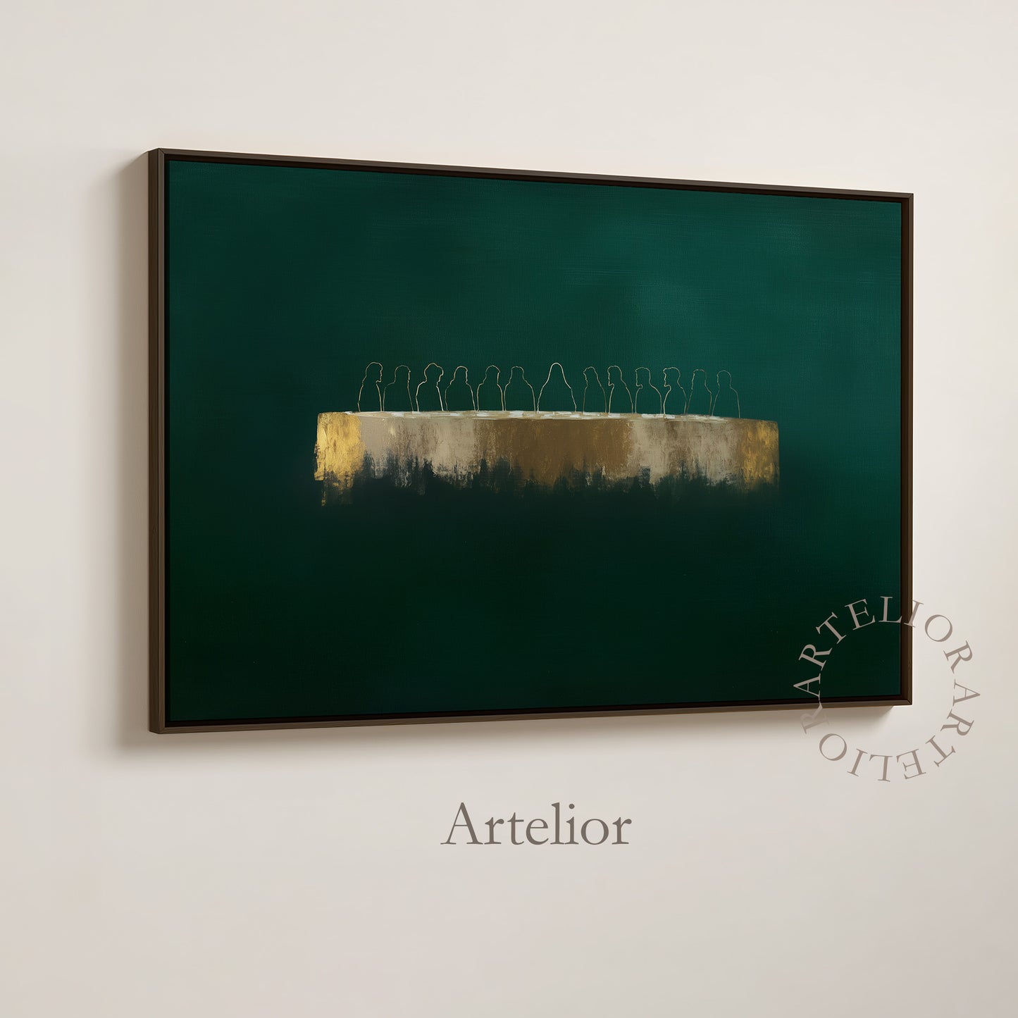 Last Supper artwork with Jesus and twelve disciples, deep emerald green background, modern minimalist Christian wall art by Artelior