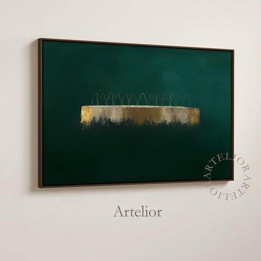 Last Supper artwork with Jesus and twelve disciples, deep emerald green background, modern minimalist Christian wall art by Artelior