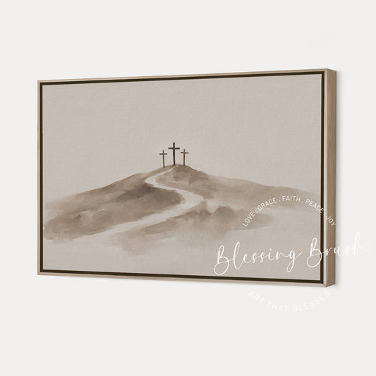 Minimalist beige watercolor painting of the three crosses at Calvary hill with a winding path, symbolizing Jesus Christ’s sacrifice and redemption, by Blessing Brush