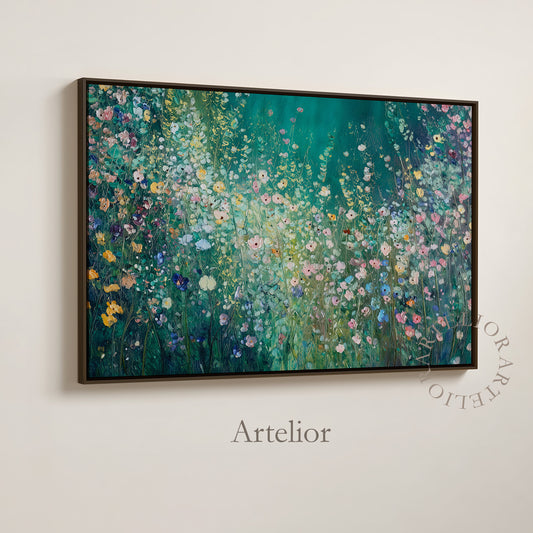 Close-up of a beautiful, textured framed canvas painting featuring a vibrant field of wildflowers in hues of pink, blue, yellow, and purple, set against a rich, teal-green background. The soft, luminous brushstrokes evoke peace and divine beauty, reminiscent of Matthew 6:28-29. By Artelior