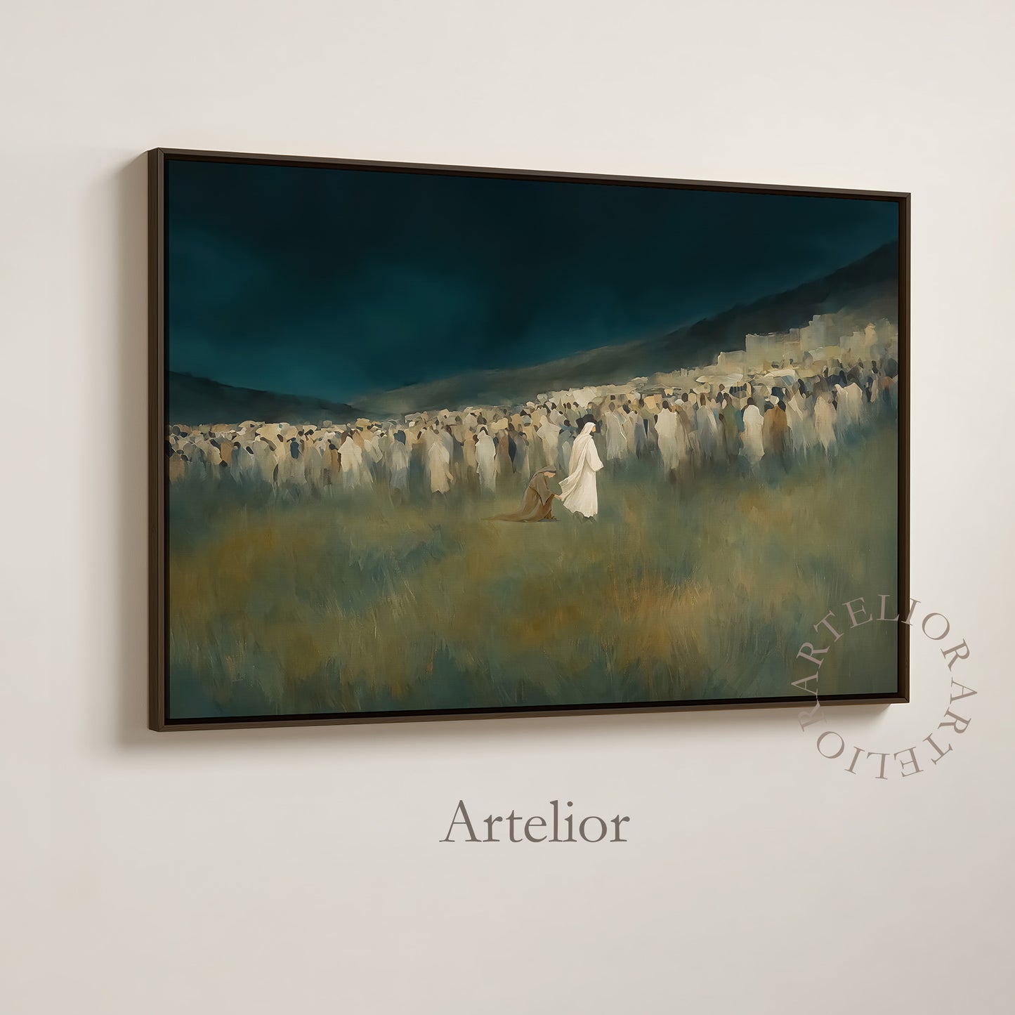 Woman touching the hem of Jesus garment in a crowd, faith healing scene in blue and green painting, framed canvas Christian wall art by Artelior
