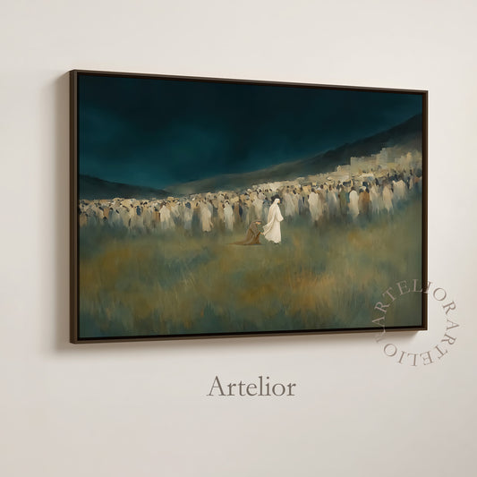 Woman touching the hem of Jesus garment in a crowd, faith healing scene in blue and green painting, framed canvas Christian wall art by Artelior